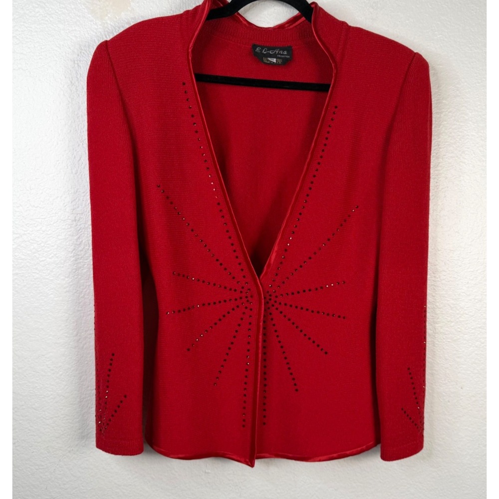 EL Ana Collection Womens Sweater Cardigan Red Sz M Rhinestones Old Money Holiday